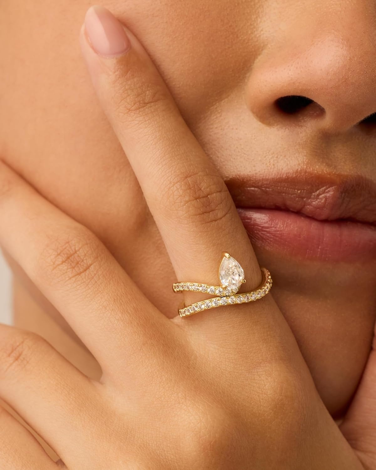 image:imagePAVOI 14K Gold Plated Wavy Engagement Ring for Women Solitaire Cubic Zirconia Wedding Band amp Promise Rings for Her Trendy Fashion JewelryYellow Gold