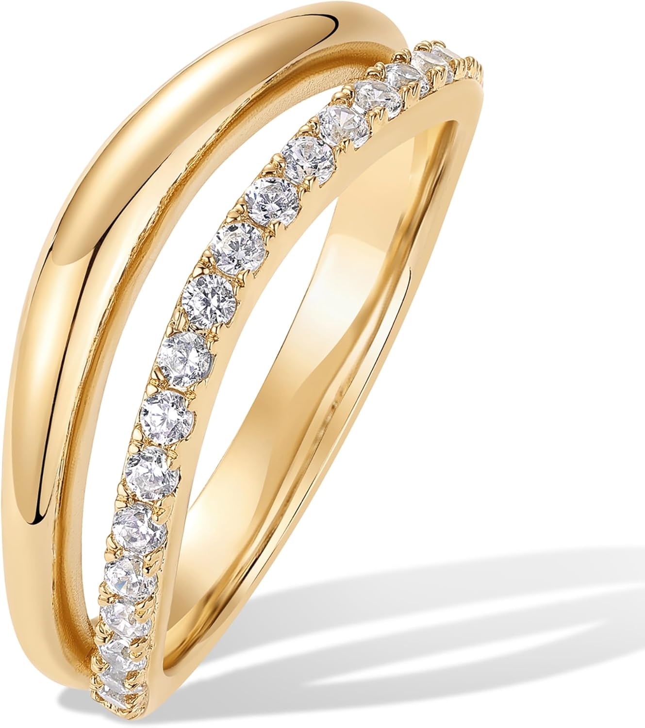 image:imagePAVOI 14K Gold Plated Wavy Split Ring Wave Gold Stackable Rings for Women with Cubic Zirconia Dainty Wedding Band Trendy Bridal Fashion JewelryYellow Gold