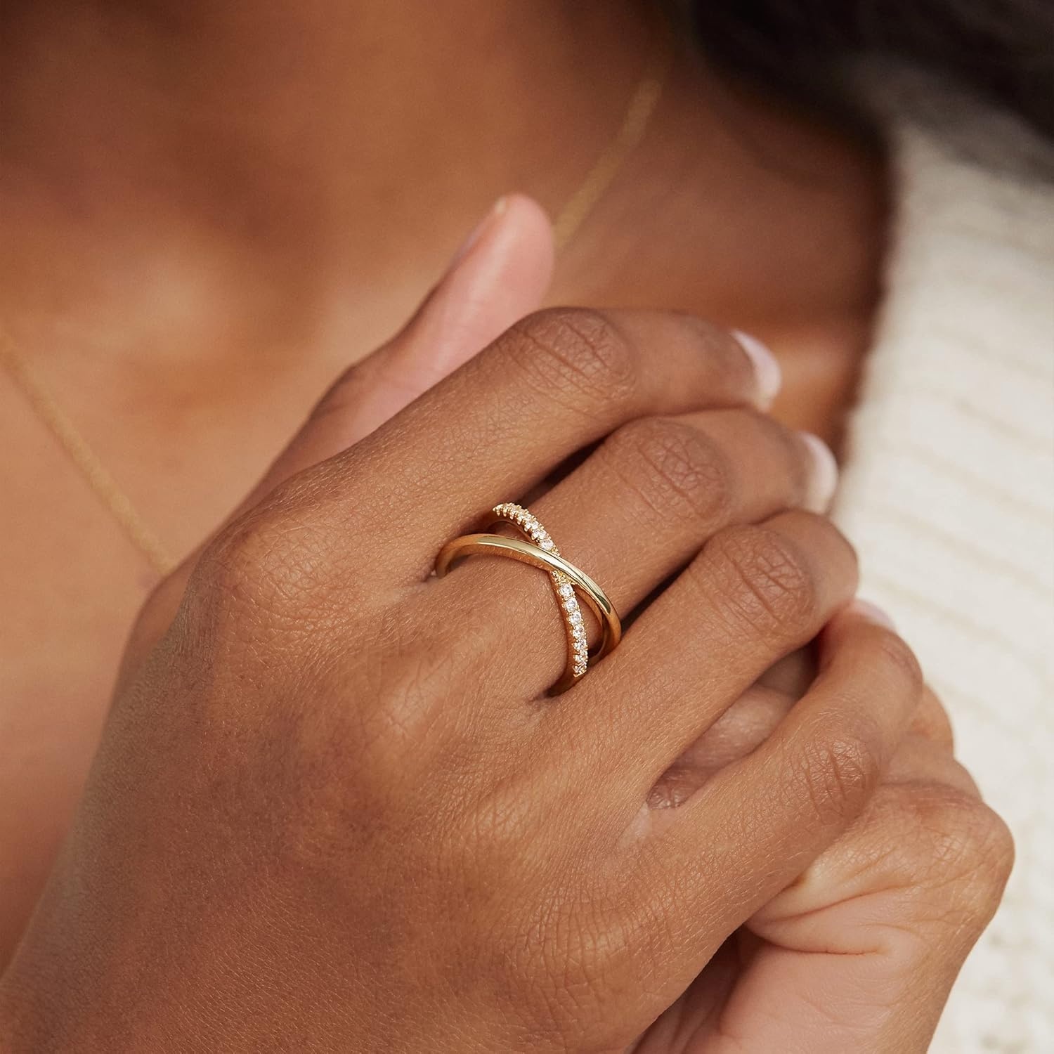 image:imagePAVOI 14K Gold Plated X Ring Simulated Pav Diamond CZ Criss Cross Ring for WomenYellow Gold