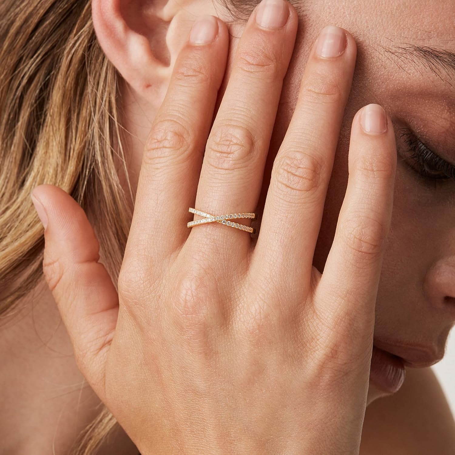 image:imagePAVOI 14K Gold Plated X Ring Simulated Diamond CZ Criss Cross Ring for WomenYellow Gold