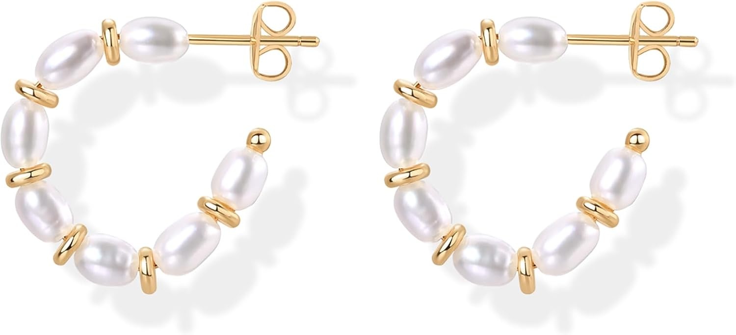 image:imagePAVOI 14K GoldPlated Classic Pearl Hoop Earrings for Women Freshwater Pearl Earring PairPearls Gold Discs