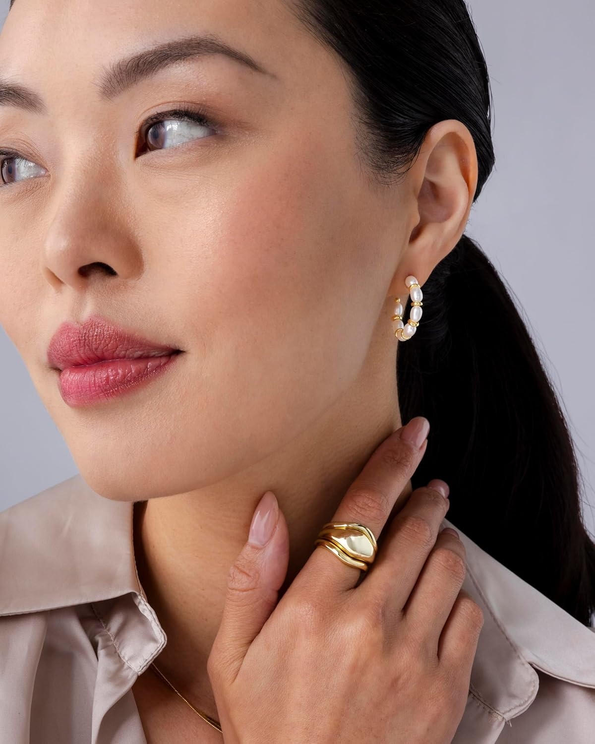 image:imagePAVOI 14K GoldPlated Classic Pearl Hoop Earrings for Women Freshwater Pearl Earring PairPearls Gold Discs