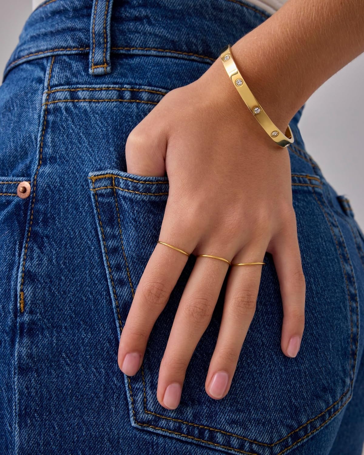 image:imagePAVOI 14K Yellow Gold Plated 4 Ring Set for Women Stackable Thin Rings Set Size 7