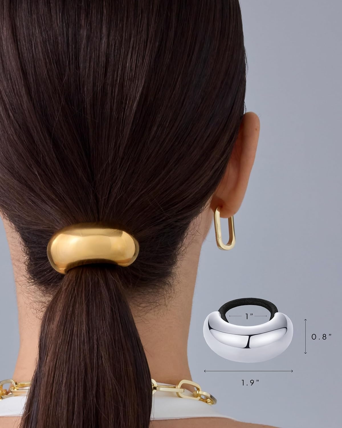 image:imagePAVOI 14K Yellow Gold Plated Dome Waterproof Chunky Metal Hair Band Ponytail Holders for Women Stainless Steel Statement Cuff Fashion Accessories Stretchy Gold Hair TiesDome White Gold