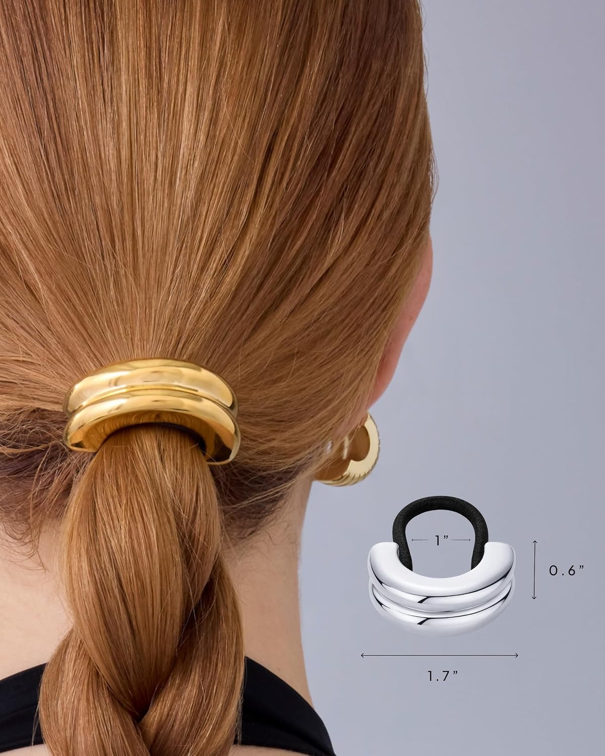 image:imagePAVOI 14K Yellow Gold Plated Dome Waterproof Chunky Metal Hair Band Ponytail Holders for Women Stainless Steel Statement Cuff Fashion Accessories Stretchy Gold Hair TiesDouble Arch White Gold