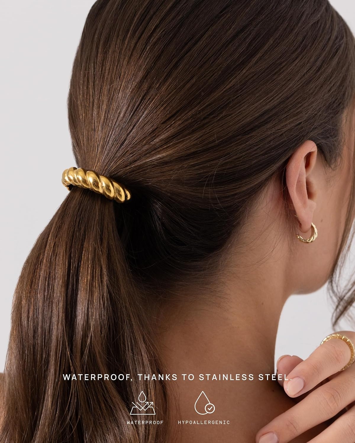 image:imagePAVOI 14K Yellow Gold Plated Dome Waterproof Chunky Metal Hair Band Ponytail Holders for Women Stainless Steel Statement Cuff Fashion Accessories Stretchy Gold Hair TiesTwisted Yellow Gold