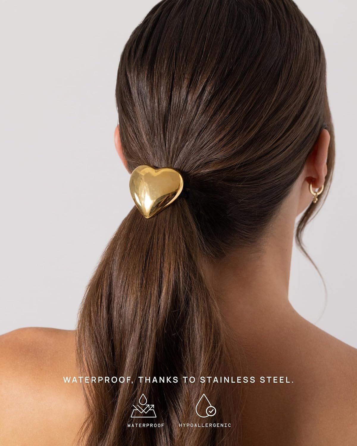image:imagePAVOI 14K Yellow Gold Plated Dome Waterproof Chunky Metal Hair Band Ponytail Holders for Women Stainless Steel Statement Cuff Fashion Accessories Stretchy Gold Hair TiesHeart Yellow Gold