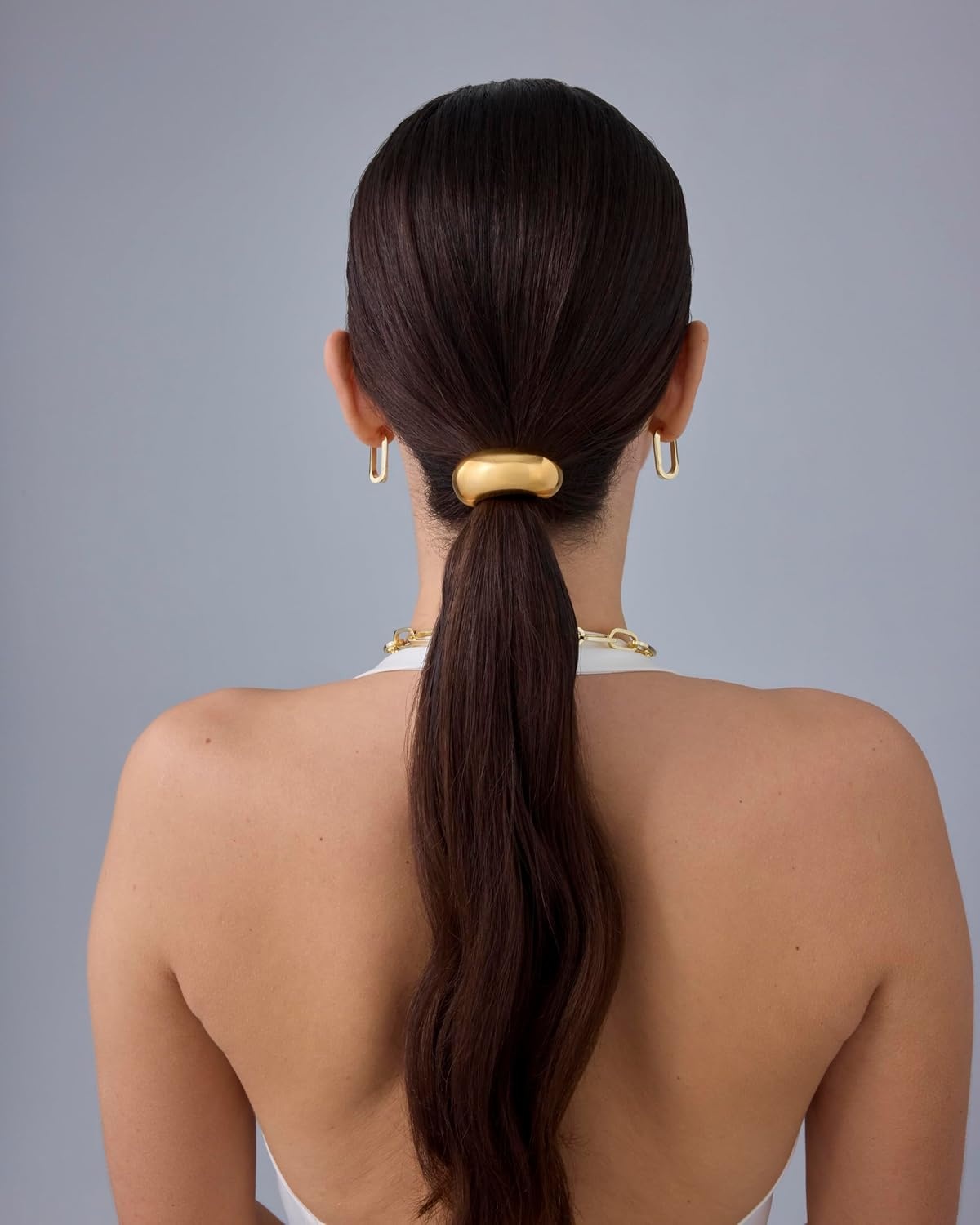 image:imagePAVOI 14K Yellow Gold Plated Dome Waterproof Chunky Metal Hair Band Ponytail Holders for Women Stainless Steel Statement Cuff Fashion Accessories Stretchy Gold Hair TiesDome Yellow Gold
