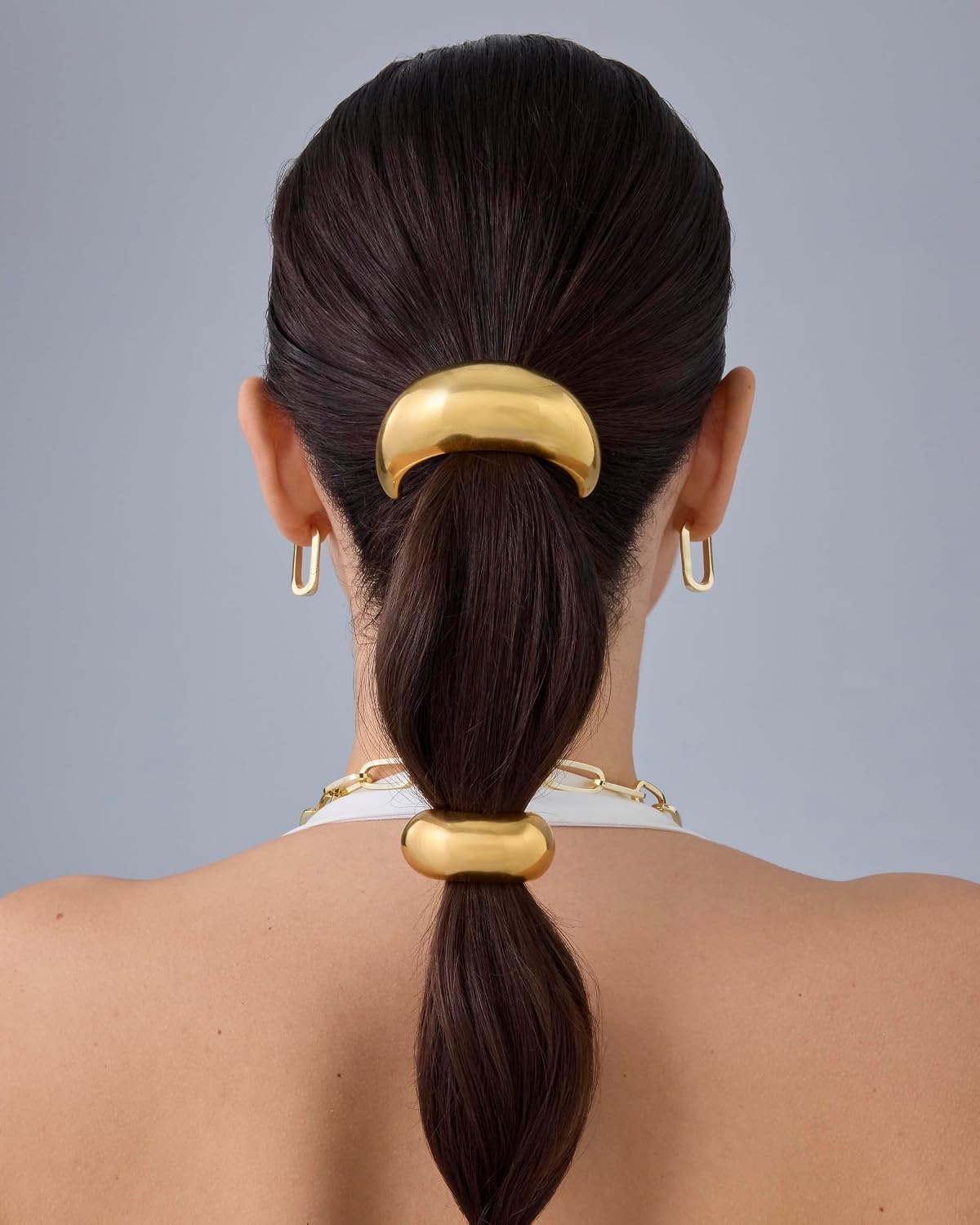 image:imagePAVOI 14K Yellow Gold Plated Dome Waterproof Chunky Metal Hair Band Ponytail Holders for Women Stainless Steel Statement Cuff Fashion Accessories Stretchy Gold Hair TiesChunky White Gold