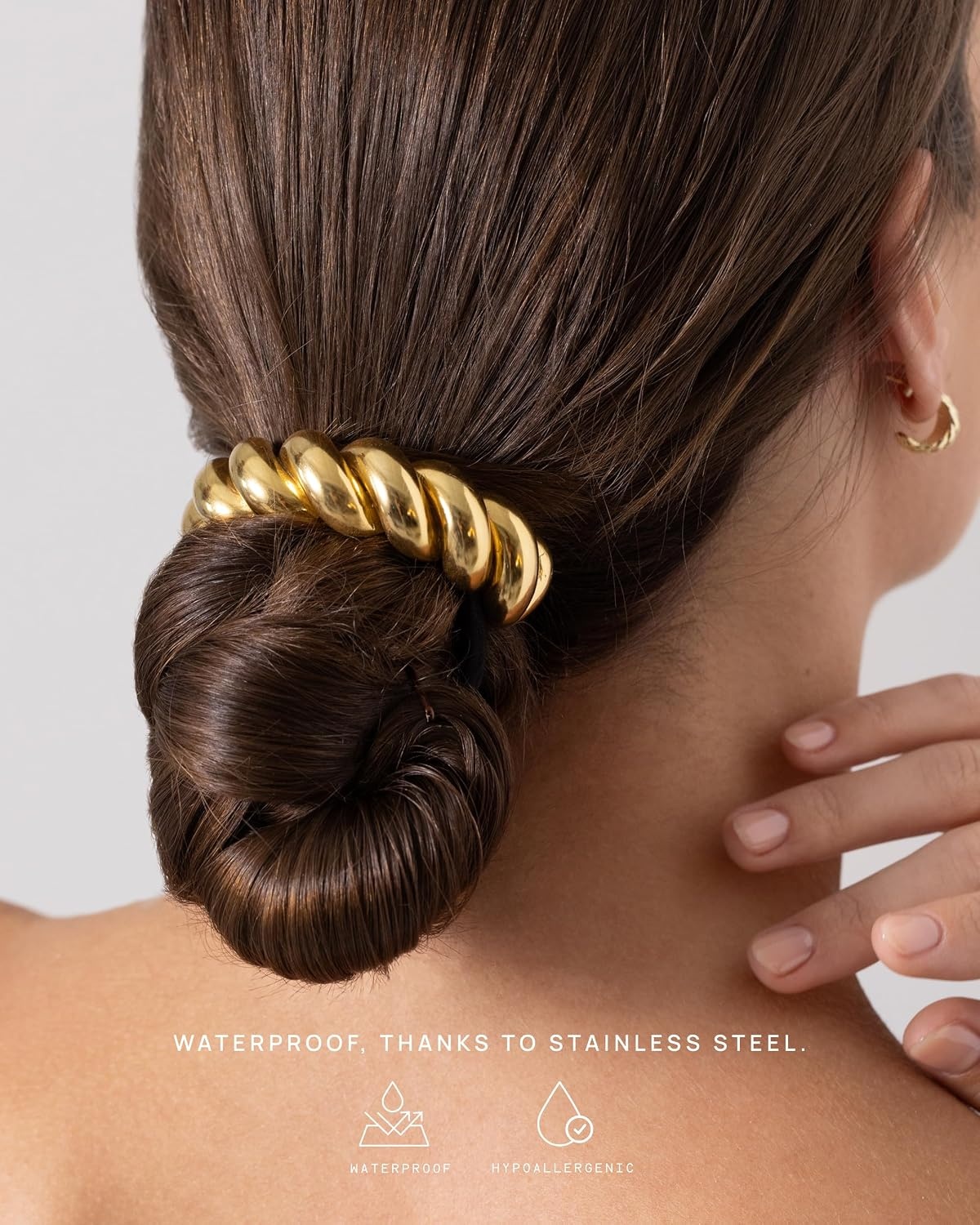 image:imagePAVOI 14K Yellow Gold Plated Dome Waterproof Chunky Metal Hair Band Ponytail Holders for Women Stainless Steel Statement Cuff Fashion Accessories Stretchy Gold Hair TiesCroissant Yellow Gold