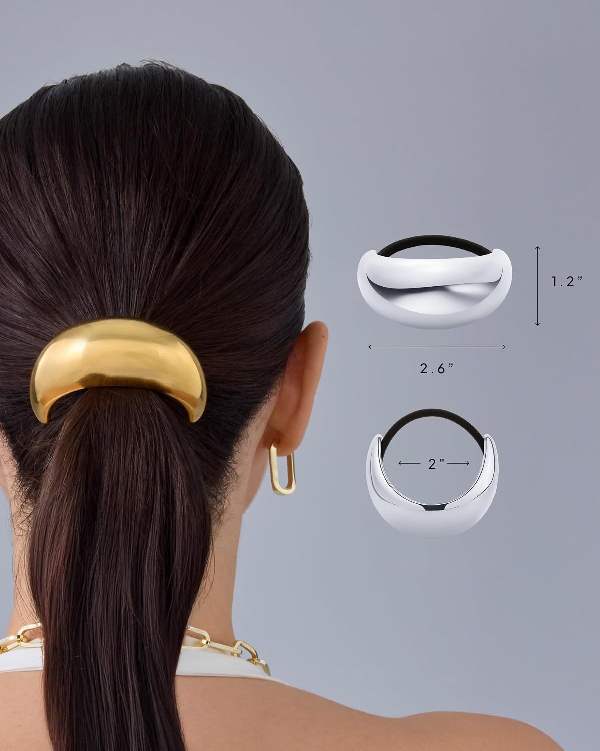 image:imagePAVOI 14K Yellow Gold Plated Dome Waterproof Chunky Metal Hair Band Ponytail Holders for Women Stainless Steel Statement Cuff Fashion Accessories Stretchy Gold Hair TiesChunky White Gold