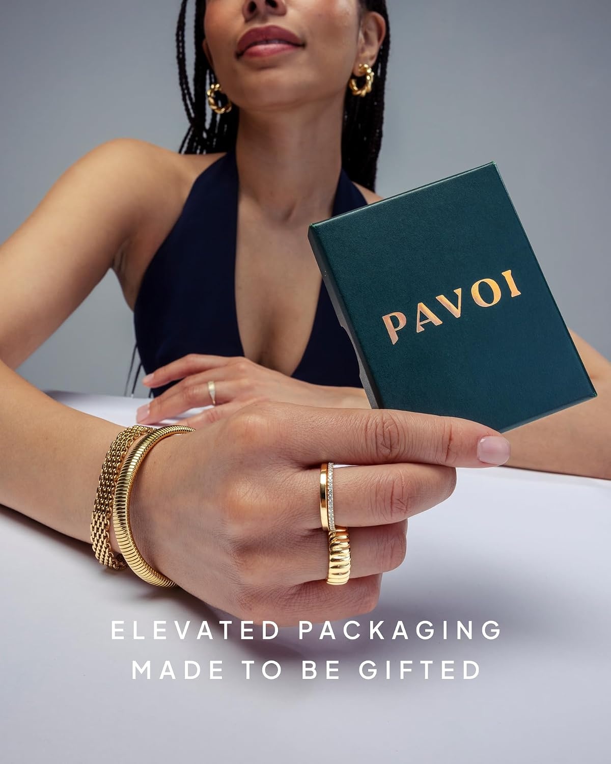 image:imagePAVOI 14K Yellow Gold Plated Dome Waterproof Chunky Metal Hair Band Ponytail Holders for Women Stainless Steel Statement Cuff Fashion Accessories Stretchy Gold Hair TiesCroissant Yellow Gold
