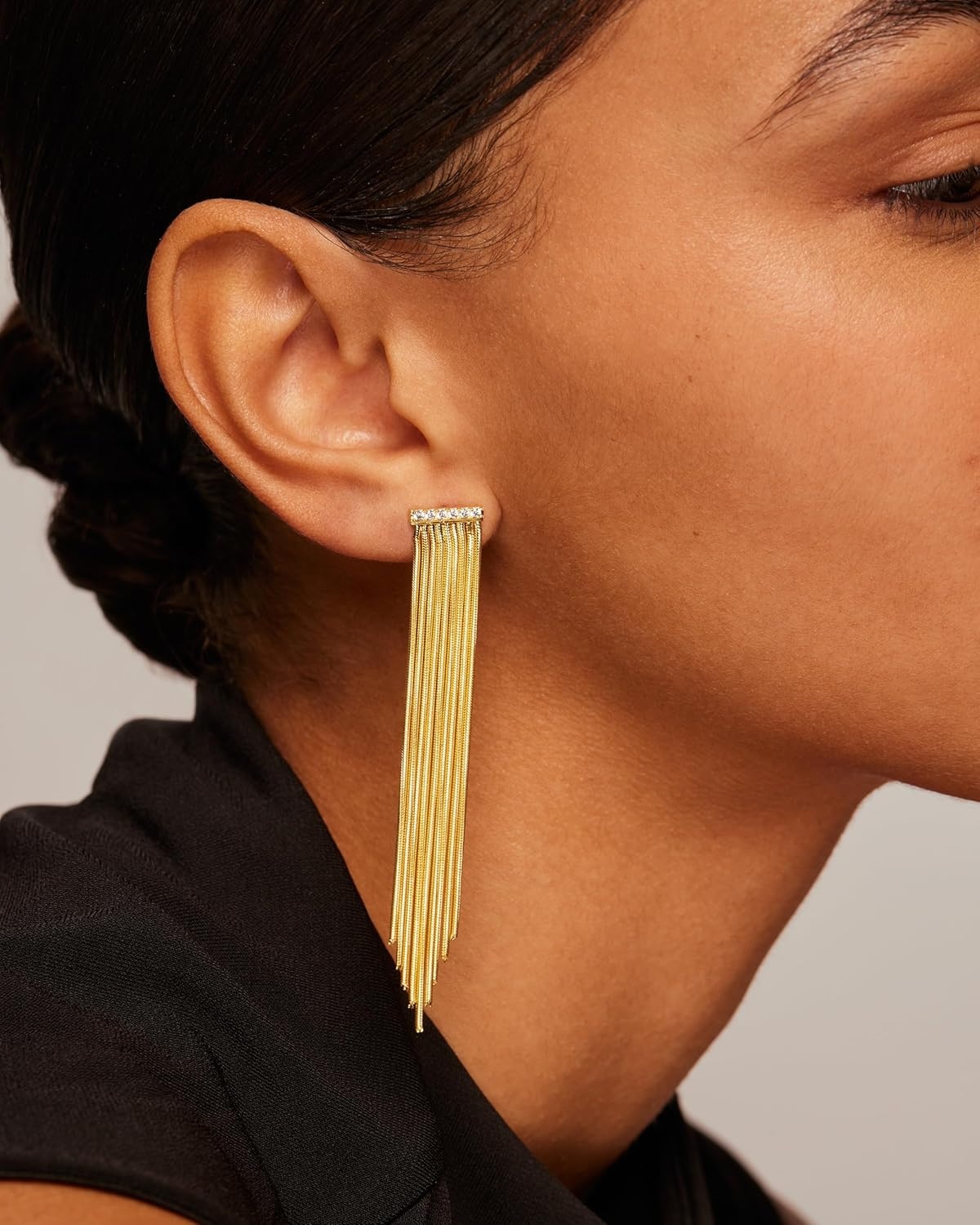 image:imagePAVOI 14K Yellow Gold Plated Long Tassel Dangle Earrings for Women Elegant Rhinestone Chain Chandelier Drop Earrings Statement Jewelry Bar Yellow Gold