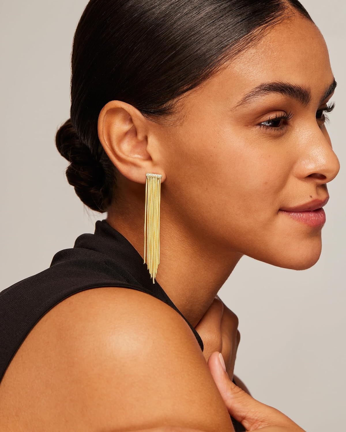 image:imagePAVOI 14K Yellow Gold Plated Long Tassel Dangle Earrings for Women Elegant Rhinestone Chain Chandelier Drop Earrings Statement Jewelry Bar Yellow Gold