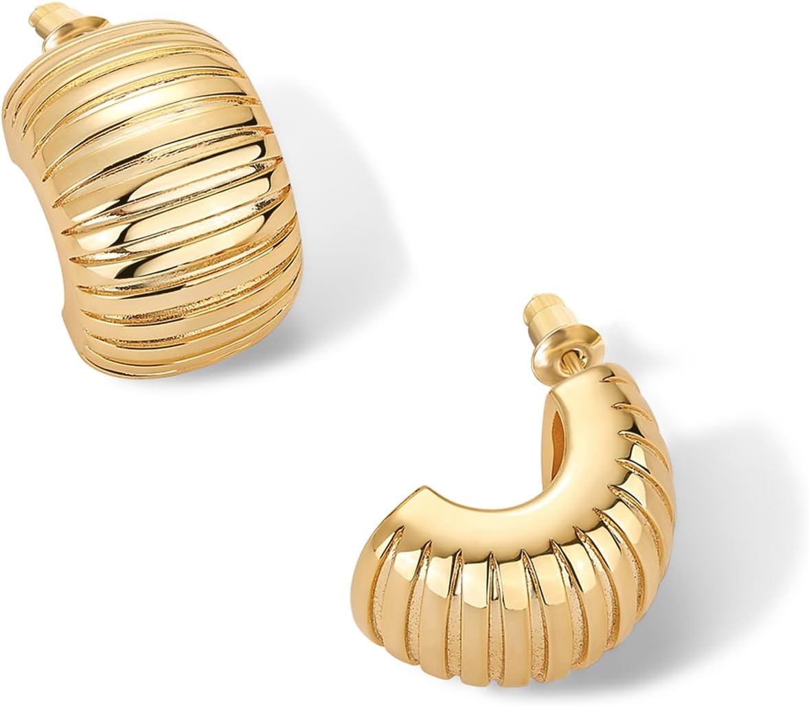 image:imagePAVOI 14K Yellow Gold Plated Stainless Steel Posts Chunky Ribbed Hoop Earrings for Women Gold Ridge Statement Earring Pair