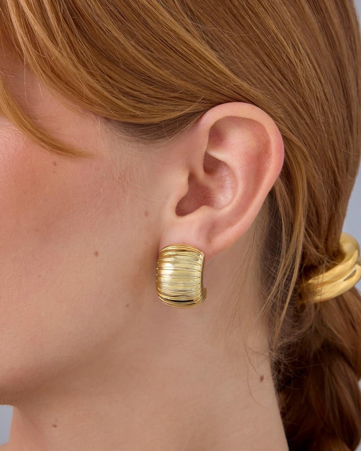 image:imagePAVOI 14K Yellow Gold Plated Stainless Steel Posts Chunky Ribbed Hoop Earrings for Women Gold Ridge Statement Earring Pair