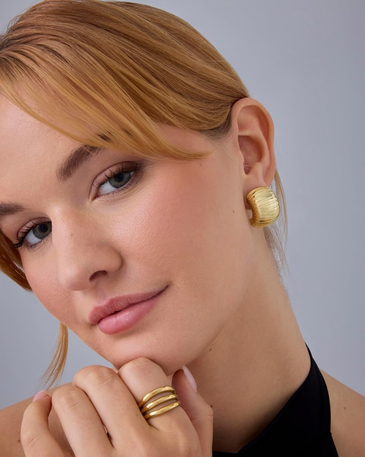 image:imagePAVOI 14K Yellow Gold Plated Stainless Steel Posts Chunky Ribbed Hoop Earrings for Women Gold Ridge Statement Earring Pair
