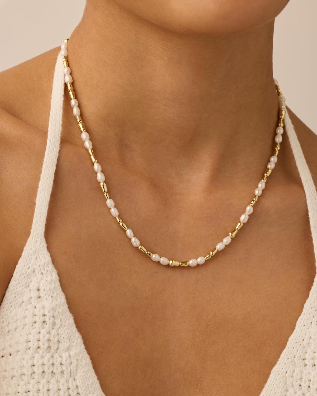 image:imagePAVOI 14K18K Gold Plated Dainty Pearl Necklaces for Women Station Beaded Choker Paperclip Chain Gold Pearl Necklace Bridal JewelryWhite Gold