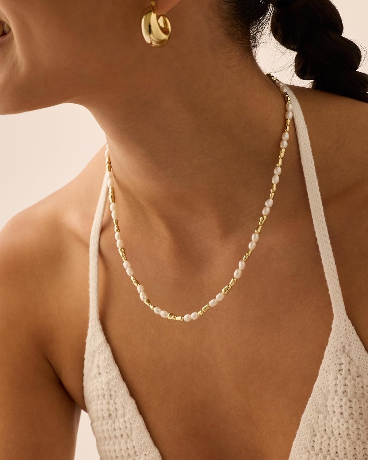 image:imagePAVOI 14K18K Gold Plated Dainty Pearl Necklaces for Women Station Beaded Choker Paperclip Chain Gold Pearl Necklace Bridal JewelryWhite Gold
