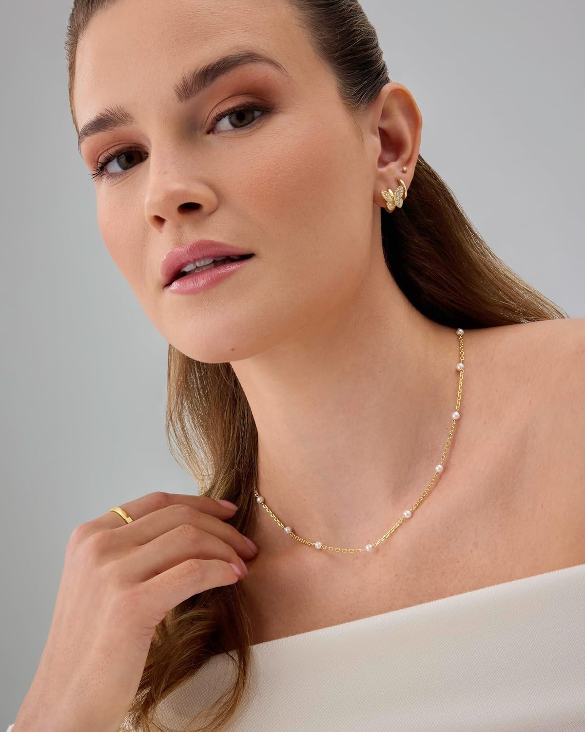 image:imagePAVOI 14K18K Gold Plated Dainty Pearl Necklaces for Women Station Beaded Choker Paperclip Chain Gold Pearl Necklace Bridal JewelryYellow Gold