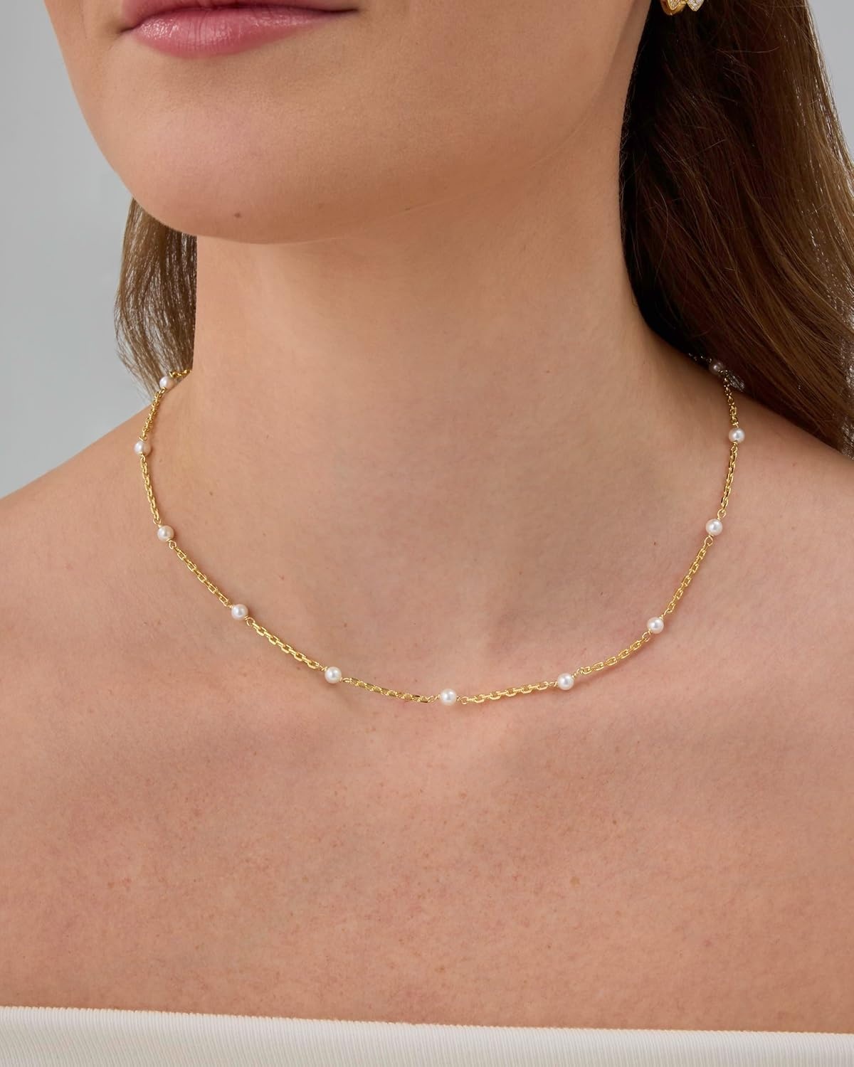 image:imagePAVOI 14K18K Gold Plated Dainty Pearl Necklaces for Women Station Beaded Choker Paperclip Chain Gold Pearl Necklace Bridal JewelryYellow Gold