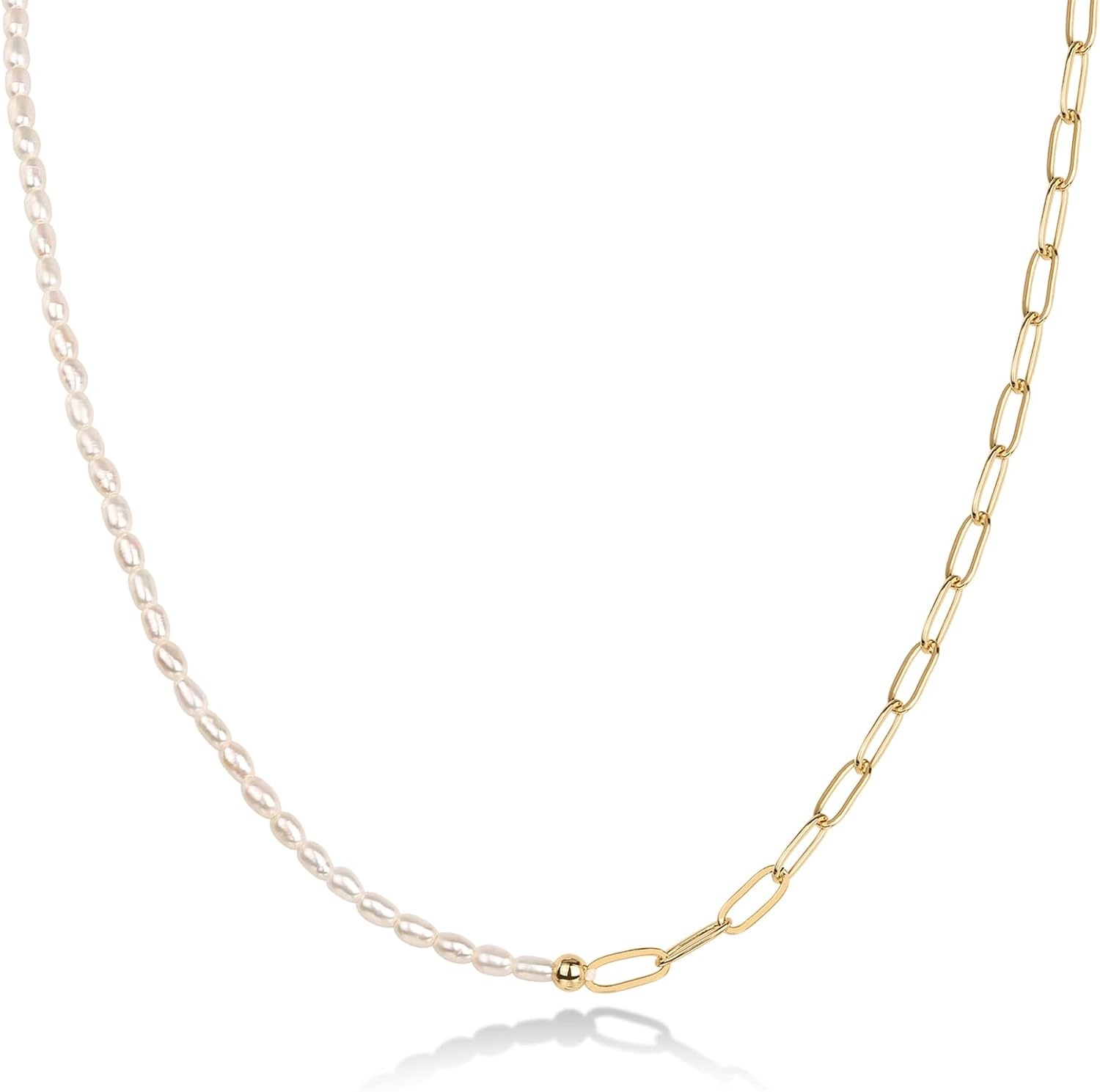 image:imagePAVOI 14K18K Gold Plated Dainty Pearl Necklaces for Women Station Beaded Choker Paperclip Chain Gold Pearl Necklace Bridal JewelryYellow Gold