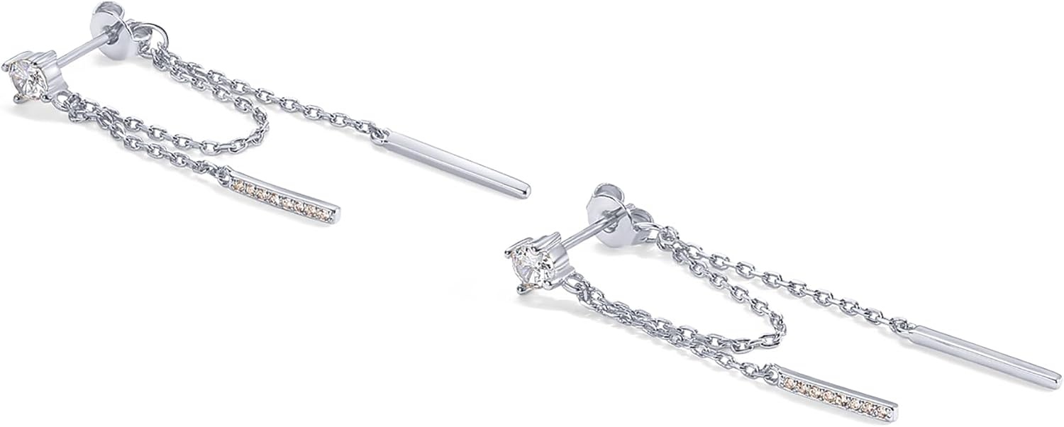 image:imagePAVOI 18K Gold Plated 925 Sterling Silver Posts Drop Dangle Chain Earrings for Women Dangling Chain Studs Cubic Zirconia Ball Threader Earscapes EarringsWhite Gold