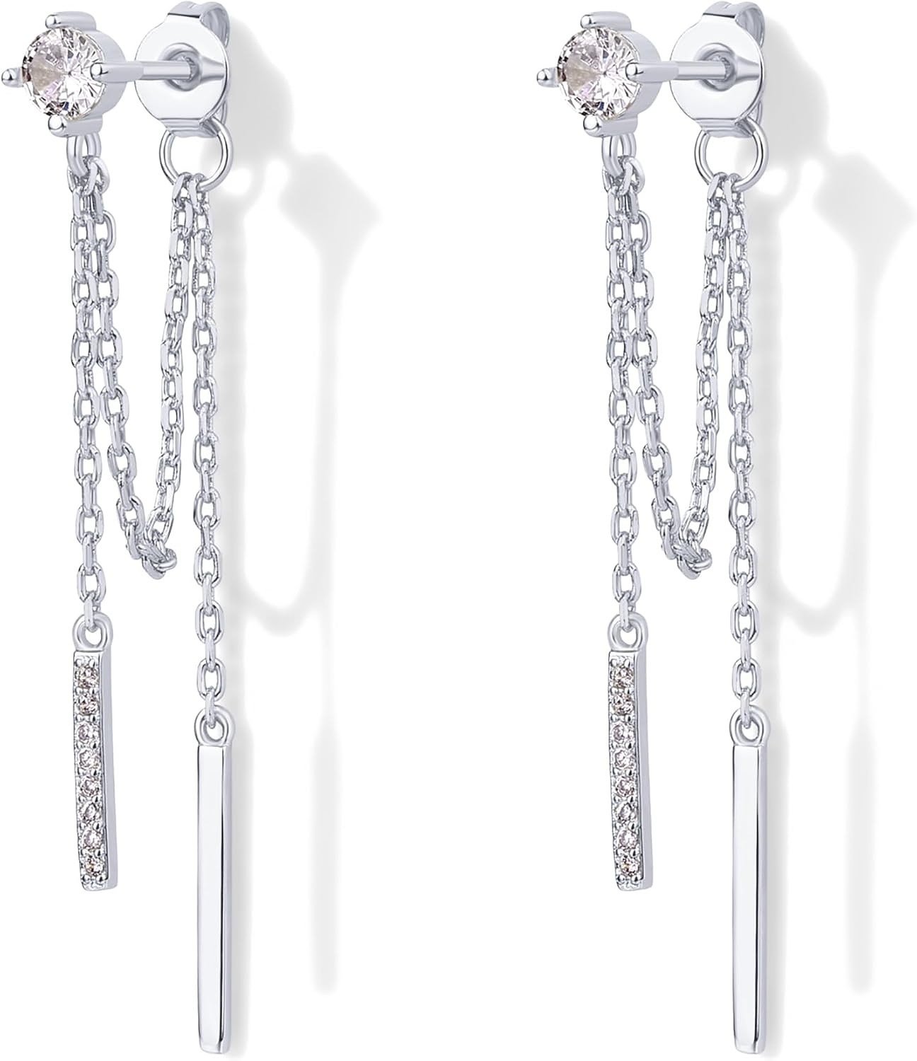 image:imagePAVOI 18K Gold Plated 925 Sterling Silver Posts Drop Dangle Chain Earrings for Women Dangling Chain Studs Cubic Zirconia Ball Threader Earscapes EarringsWhite Gold