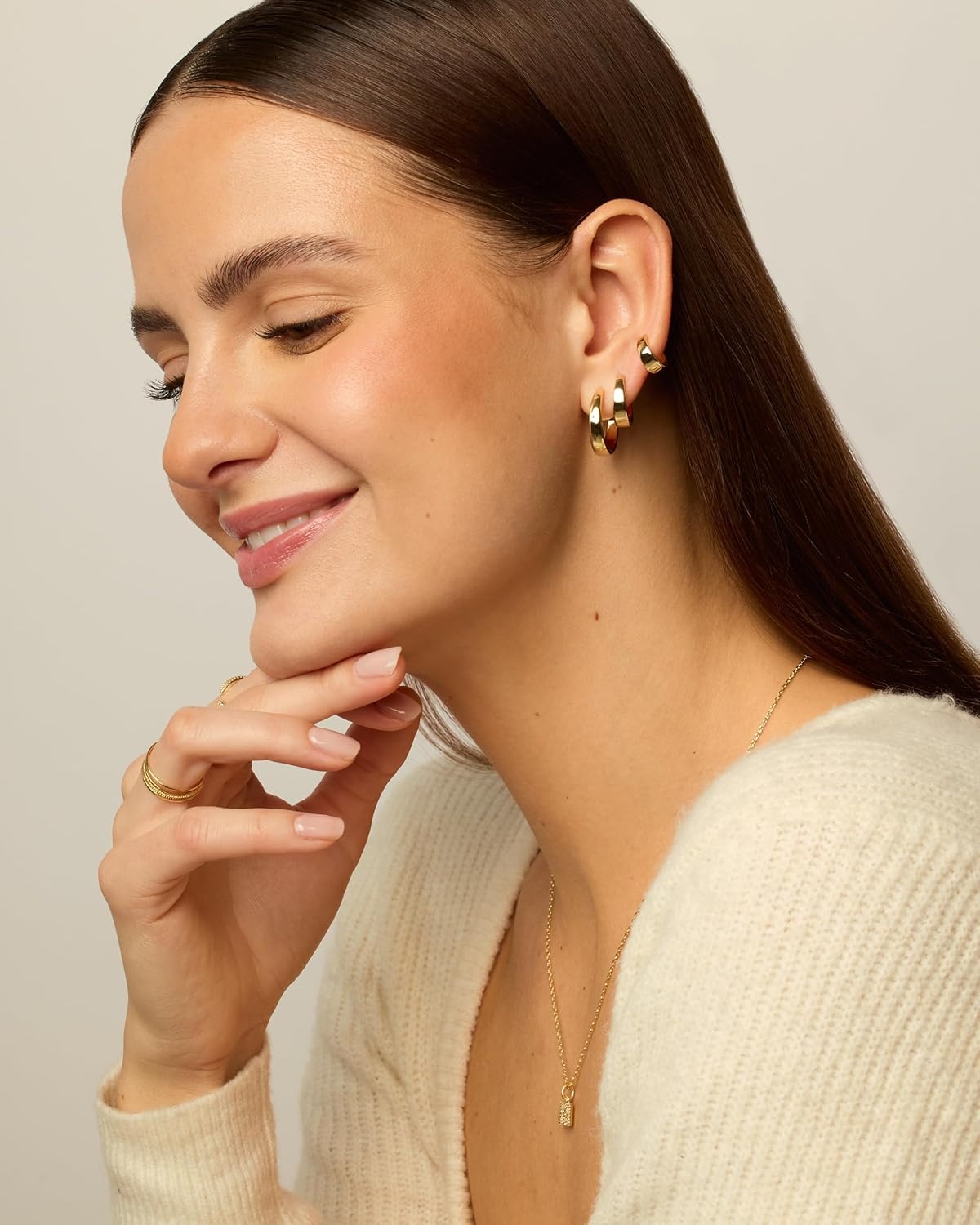 image:imagePAVOI 18K Gold Plated 925 Sterling Silver Posts Small Hoop Earrings for Women Trendy Geometric Plain Chunky Huggie Earscape Piercing Pack Hypoallergenic Everyday Gold Hoop Earrings SetWide
