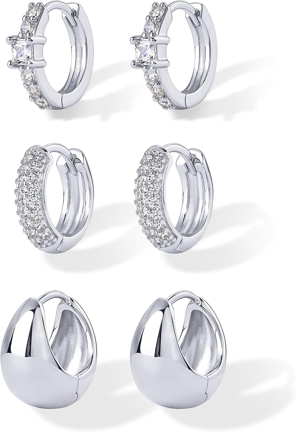 image:imagePAVOI 18K Gold Plated 925 Sterling Silver Posts Three Pairs Huggie Hoop Earrings for Women Triple Gold Hoop Earring Pack with Cubic Zirconia Hypoallergenic Chunky Dome Pave Huggie Piercing Statement Jewelry SetWhite Gold