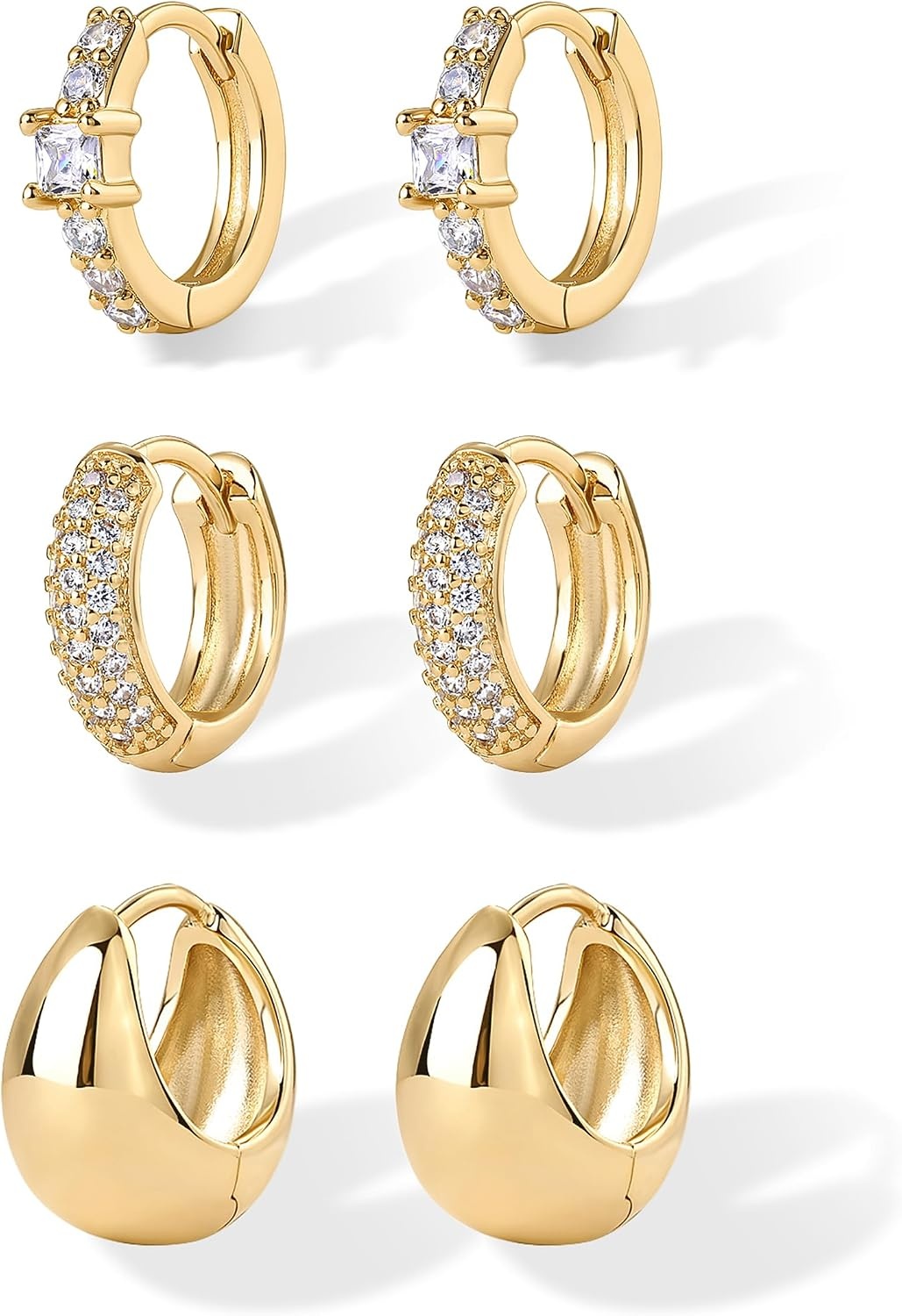 image:imagePAVOI 18K Gold Plated 925 Sterling Silver Posts Three Pairs Huggie Hoop Earrings for Women Triple Gold Hoop Earring Pack with Cubic Zirconia Hypoallergenic Chunky Dome Pave Huggie Piercing Statement Jewelry SetYellow Gold