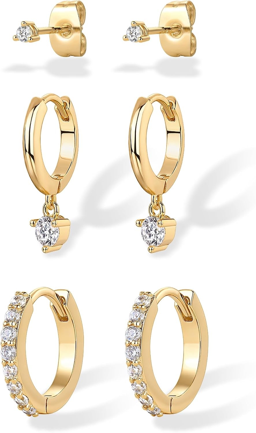 image:imagePAVOI 18K Gold Plated 925 Sterling Silver Posts Three Pairs Statement Earrings for Women Cubic Zirconia Gold Earring Pack Front Back Ear Jacket Crawler Stud Huggie Piercing Jewelry SetMinimalist