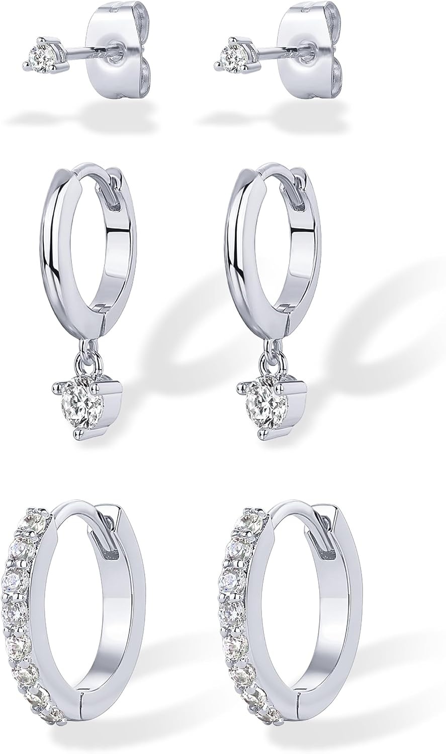 image:imagePAVOI 18K Gold Plated 925 Sterling Silver Posts Three Pairs Statement Earrings for Women Cubic Zirconia Gold Earring Pack Front Back Ear Jacket Crawler Stud Huggie Piercing Jewelry SetMinimalist