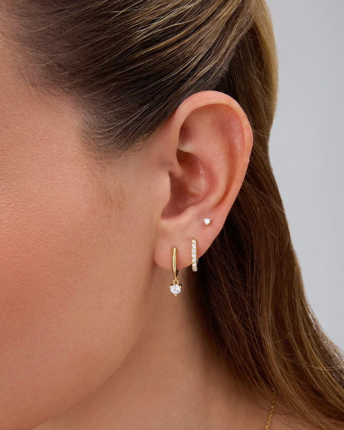 image:imagePAVOI 18K Gold Plated 925 Sterling Silver Posts Three Pairs Statement Earrings for Women Cubic Zirconia Gold Earring Pack Front Back Ear Jacket Crawler Stud Huggie Piercing Jewelry SetMinimalist