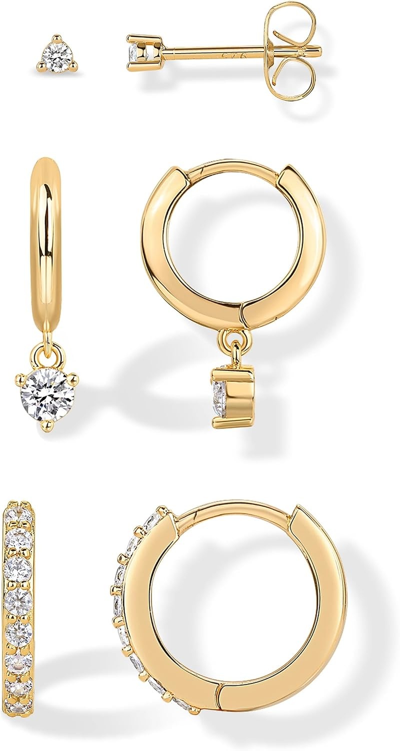image:imagePAVOI 18K Gold Plated 925 Sterling Silver Posts Three Pairs Statement Earrings for Women Cubic Zirconia Gold Earring Pack Front Back Ear Jacket Crawler Stud Huggie Piercing Jewelry SetMinimalist