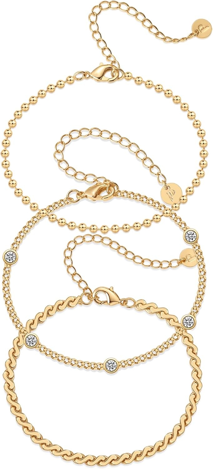 image:imagePAVOI 18K Gold Plated Chain Bracelet Pack for Women Jewelry Set of 5 Stackable Bracelets Paperclip Snake Rope Figaro Beaded Chains3Piece Set