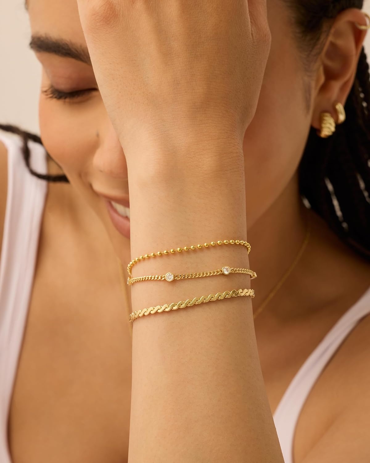 image:imagePAVOI 18K Gold Plated Chain Bracelet Pack for Women Jewelry Set of 5 Stackable Bracelets Paperclip Snake Rope Figaro Beaded Chains3Piece Set