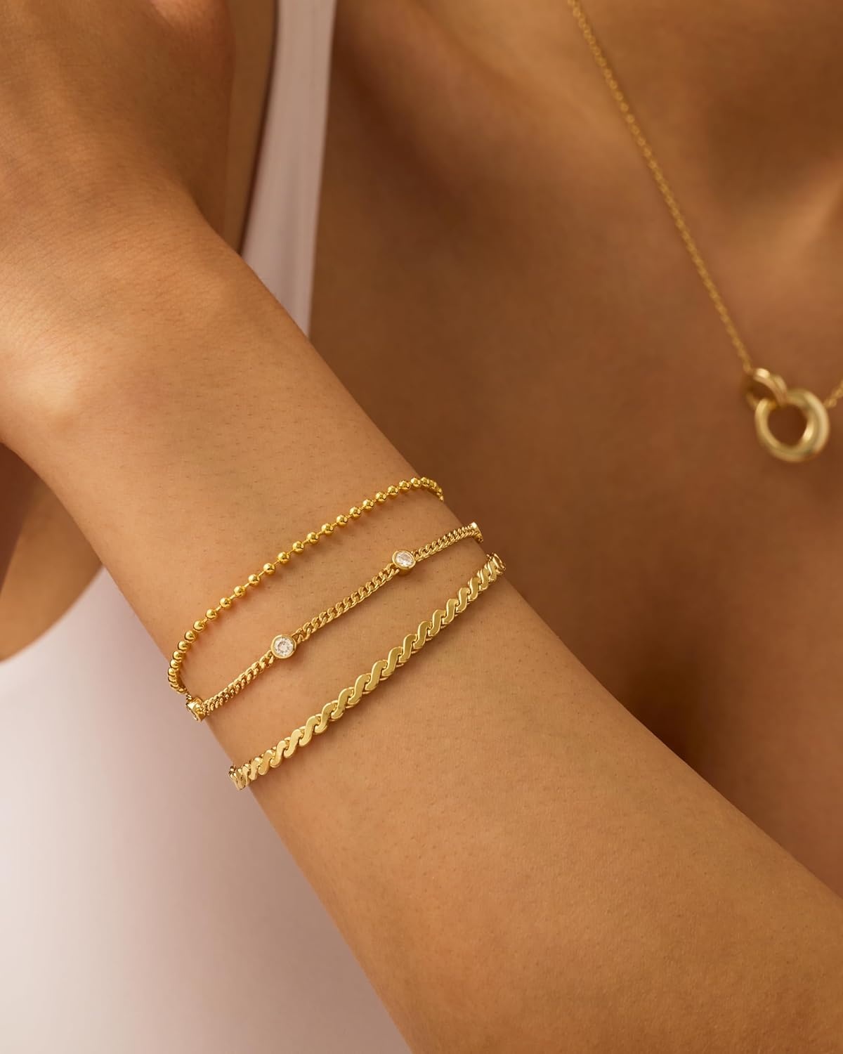 image:imagePAVOI 18K Gold Plated Chain Bracelet Pack for Women Jewelry Set of 5 Stackable Bracelets Paperclip Snake Rope Figaro Beaded Chains3Piece Set