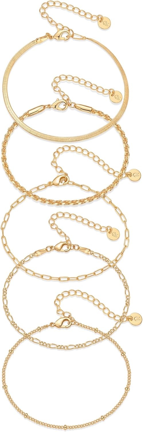 image:imagePAVOI 18K Gold Plated Chain Bracelet Pack for Women Jewelry Set of 5 Stackable Bracelets Paperclip Snake Rope Figaro Beaded Chains5Piece Set