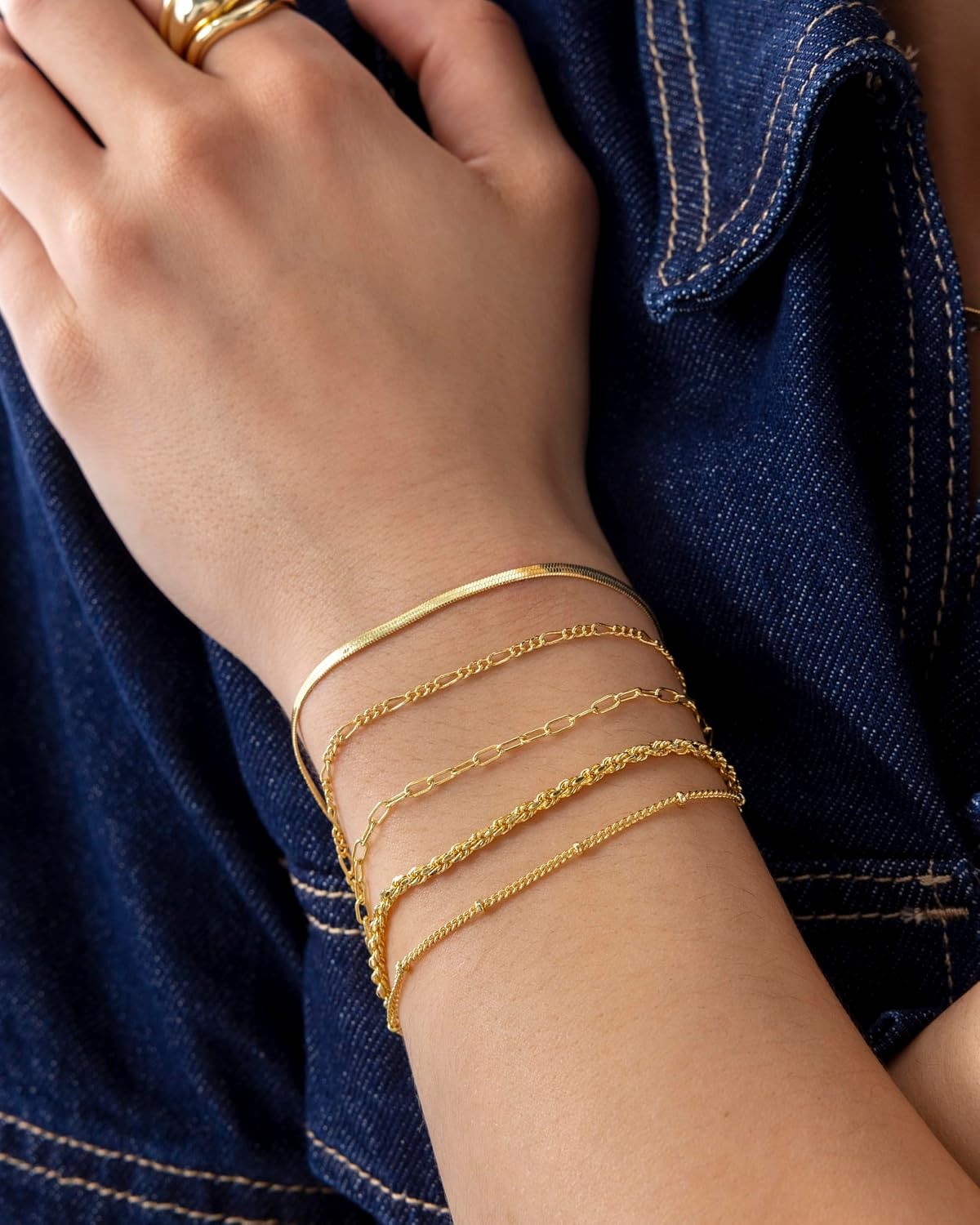image:imagePAVOI 18K Gold Plated Chain Bracelet Pack for Women Jewelry Set of 5 Stackable Bracelets Paperclip Snake Rope Figaro Beaded Chains5Piece Set