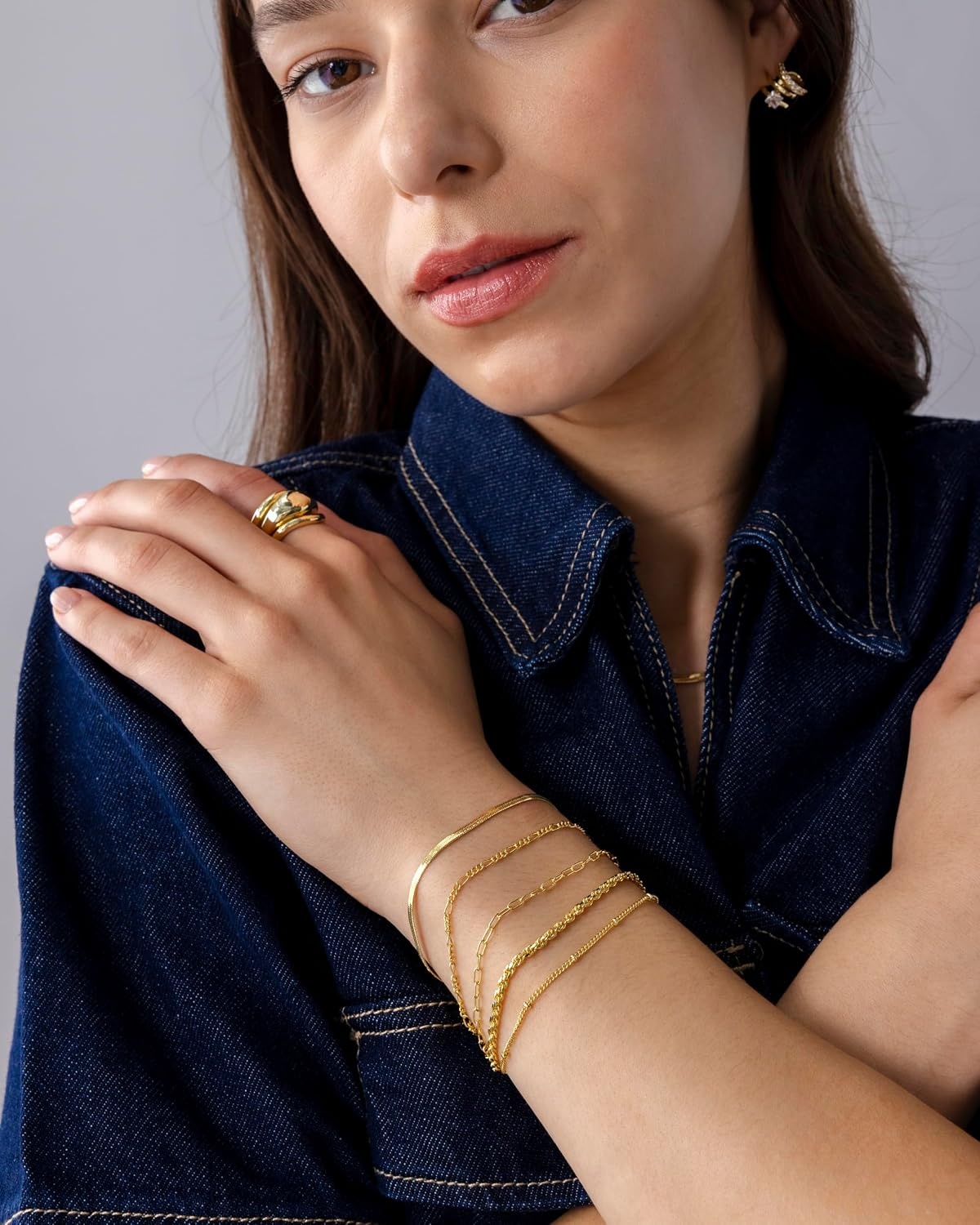 image:imagePAVOI 18K Gold Plated Chain Bracelet Pack for Women Jewelry Set of 5 Stackable Bracelets Paperclip Snake Rope Figaro Beaded Chains5Piece Set