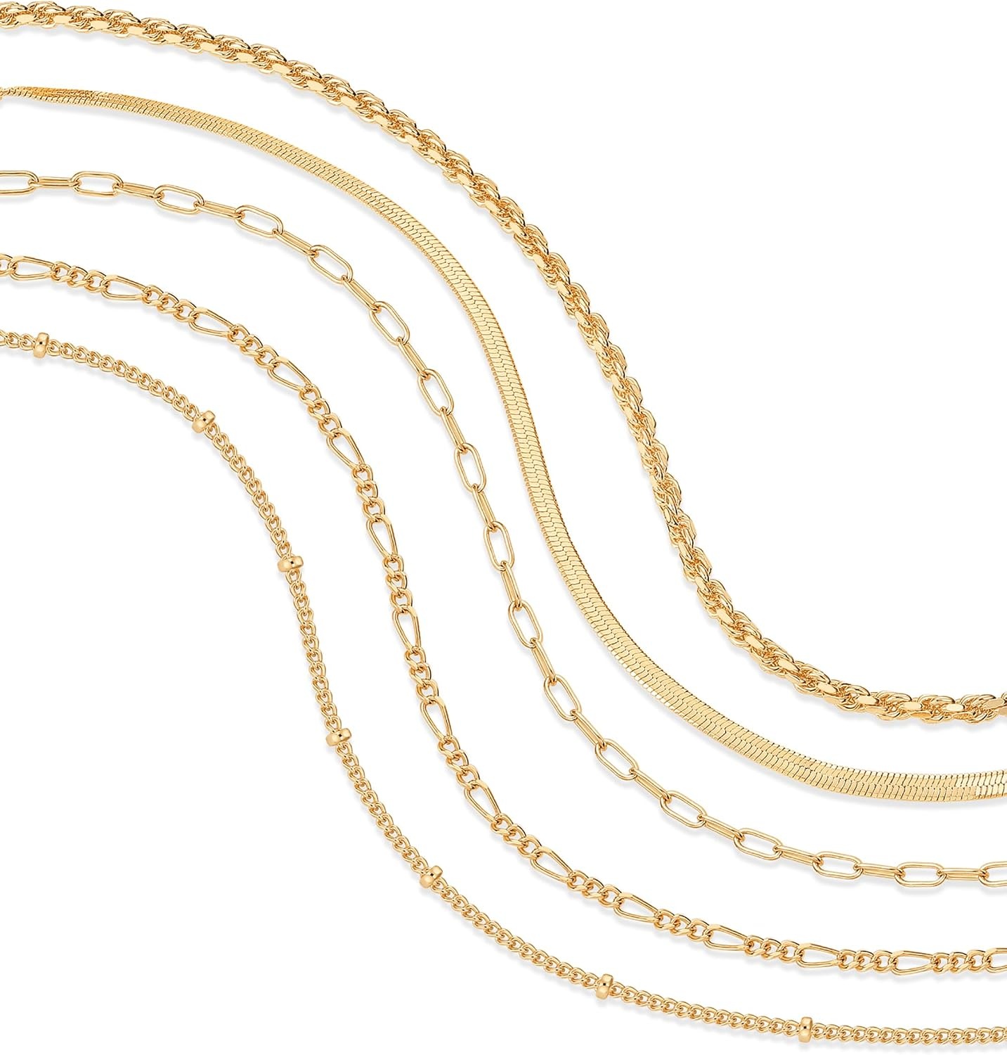 image:imagePAVOI 18K Gold Plated Chain Bracelet Pack for Women Jewelry Set of 5 Stackable Bracelets Paperclip Snake Rope Figaro Beaded Chains5Piece Set