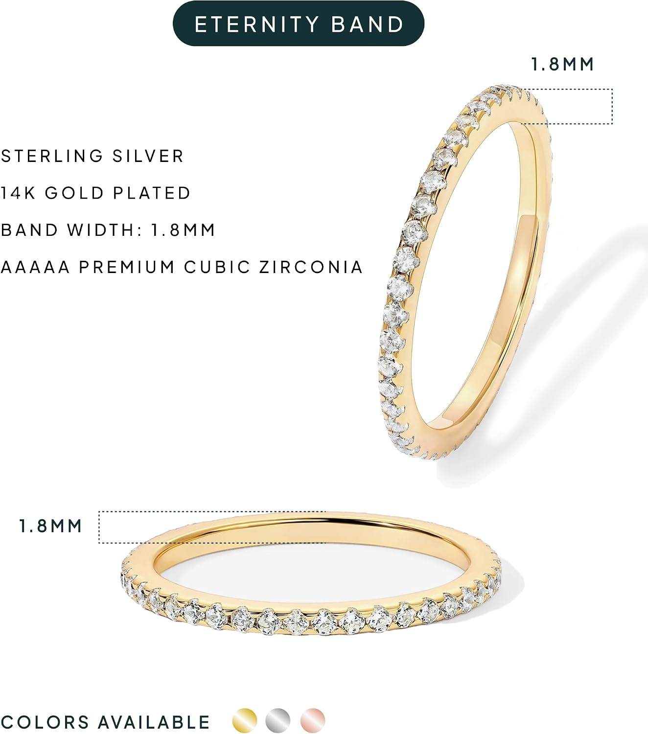 image:imagePAVOI Gold Plated Solid 925 Sterling Silver CZ Simulated Diamond Stackable Ring Eternity Bands for Women1Pack Yellow Gold