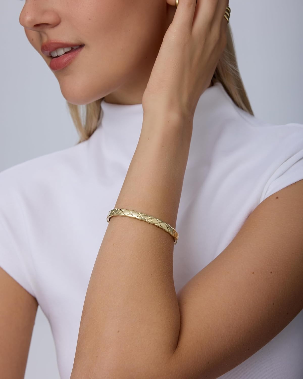 image:imagePAVOI Waterproof Bangle Bracelets for Women 14K Gold Plated Dainty Quilted Hinged Bangle Stack Stainless Steel Gold Bracelet Trendy Fashion JewelryWhite Gold
