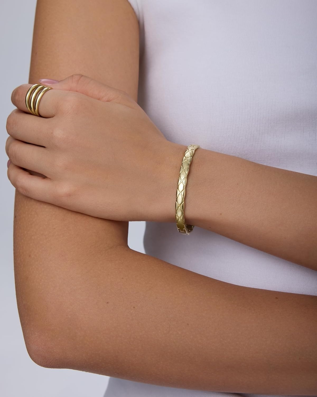 image:imagePAVOI Waterproof Bangle Bracelets for Women 14K Gold Plated Dainty Quilted Hinged Bangle Stack Stainless Steel Gold Bracelet Trendy Fashion JewelryWhite Gold