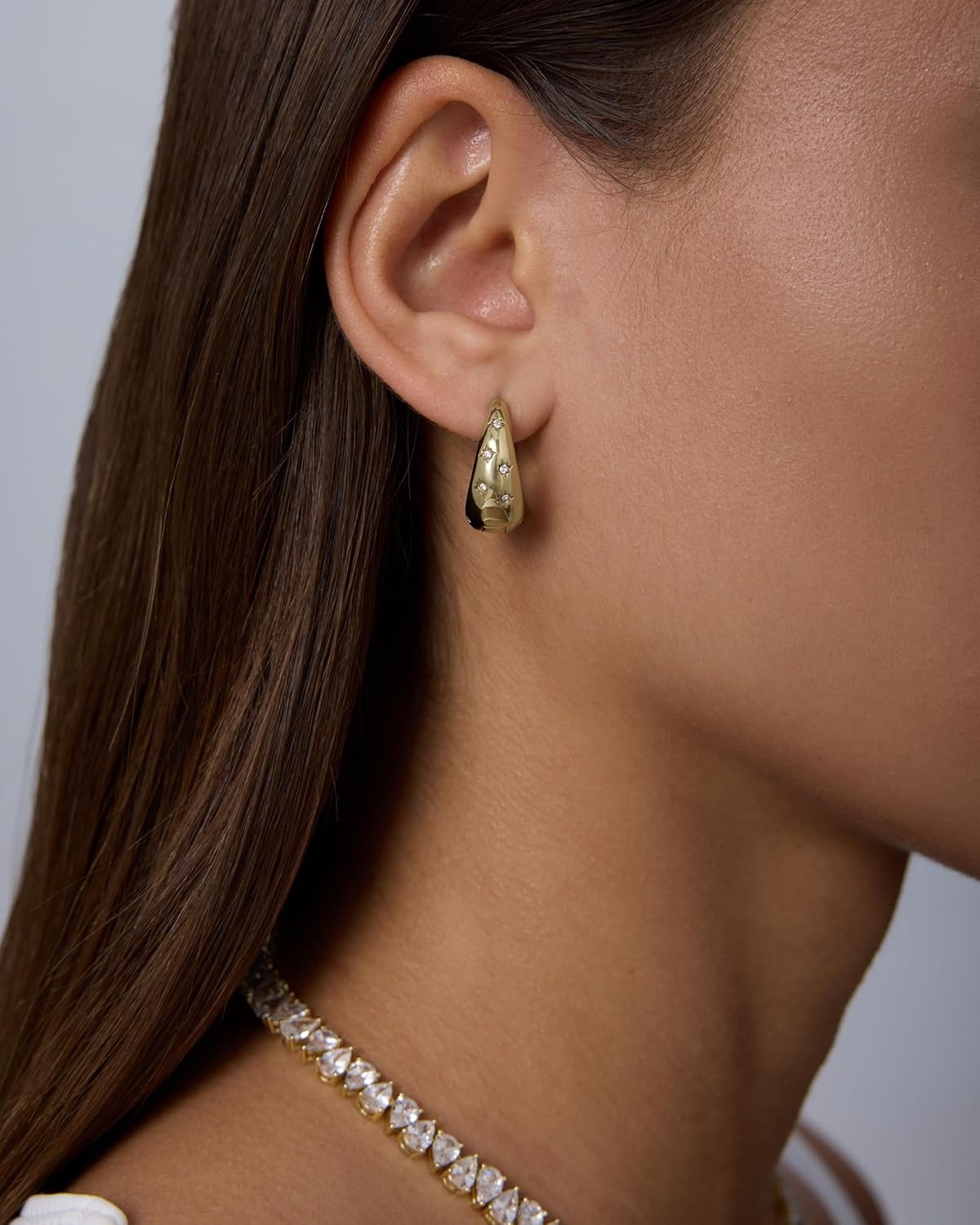 image:imagePAVOI Waterproof Gold Hoop Earrings for Women 14K Gold Plated Chunky Huggie Hoop Earrings with Cubic Zirconia Starburst Stainless Steel Trendy Summer Fashion JewelryWhite Gold