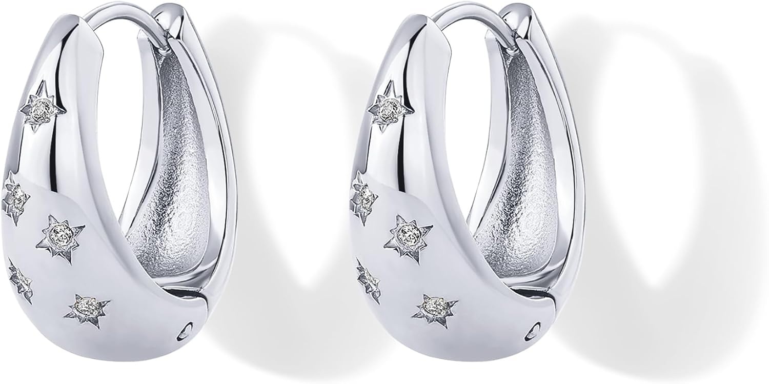 image:imagePAVOI Waterproof Gold Hoop Earrings for Women 14K Gold Plated Chunky Huggie Hoop Earrings with Cubic Zirconia Starburst Stainless Steel Trendy Summer Fashion JewelryWhite Gold