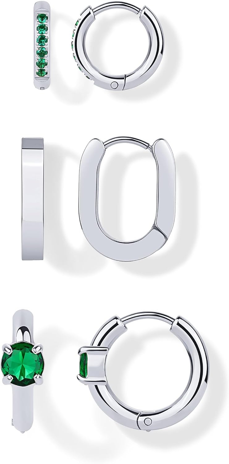 image:imagePAVOI Waterproof Huggie Hoop Earrings Set for Women Stainless Steel Pack of 3 with Cubic Zirconia Huggie Hoops Luxe Styles Trendy Fashion Piercing JewelryWhite Gold