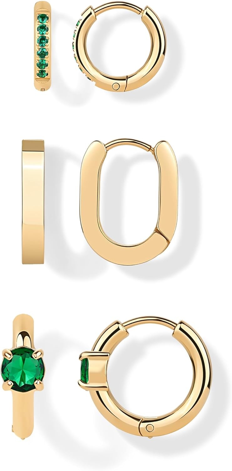 image:imagePAVOI Waterproof Huggie Hoop Earrings Set for Women Stainless Steel Pack of 3 with Cubic Zirconia Huggie Hoops Luxe Styles Trendy Fashion Piercing JewelryYellow Gold