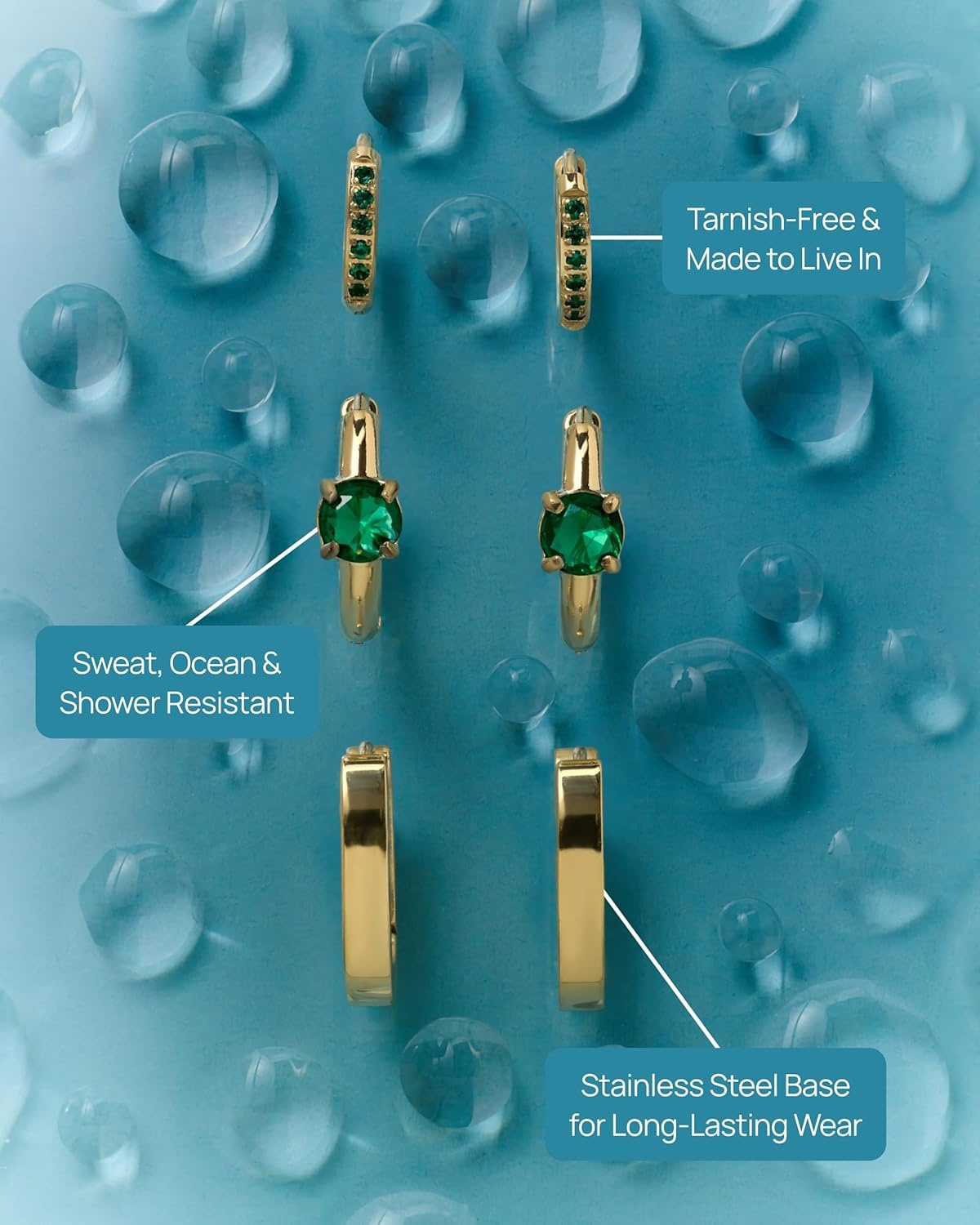 image:imagePAVOI Waterproof Huggie Hoop Earrings Set for Women Stainless Steel Pack of 3 with Cubic Zirconia Huggie Hoops Luxe Styles Trendy Fashion Piercing JewelryYellow Gold